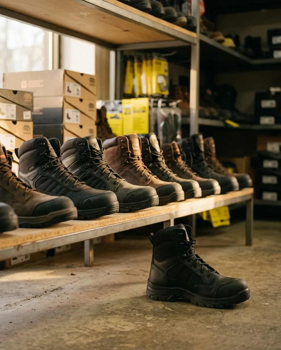 A row of modern composite-toe work boots on a metal display table inside the shop