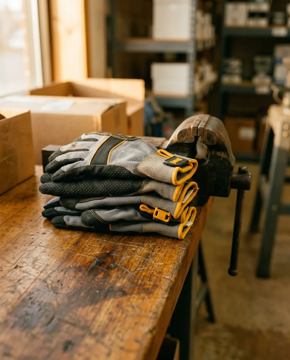 A stack of contemporary work gloves with grip-dot palms and yellow cuff accents on a workbench