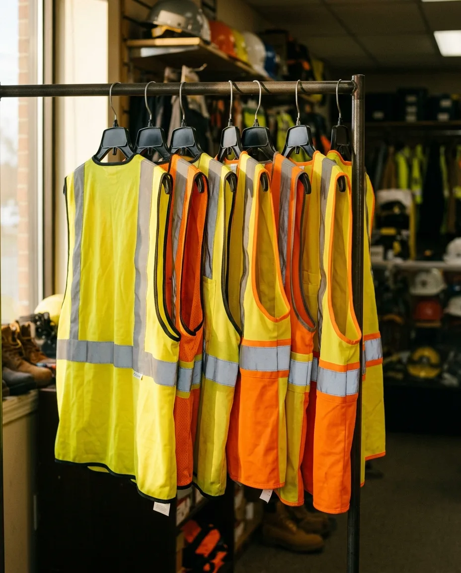 Polyester safety vests in yellow and orange hanging on a display rack inside the shop