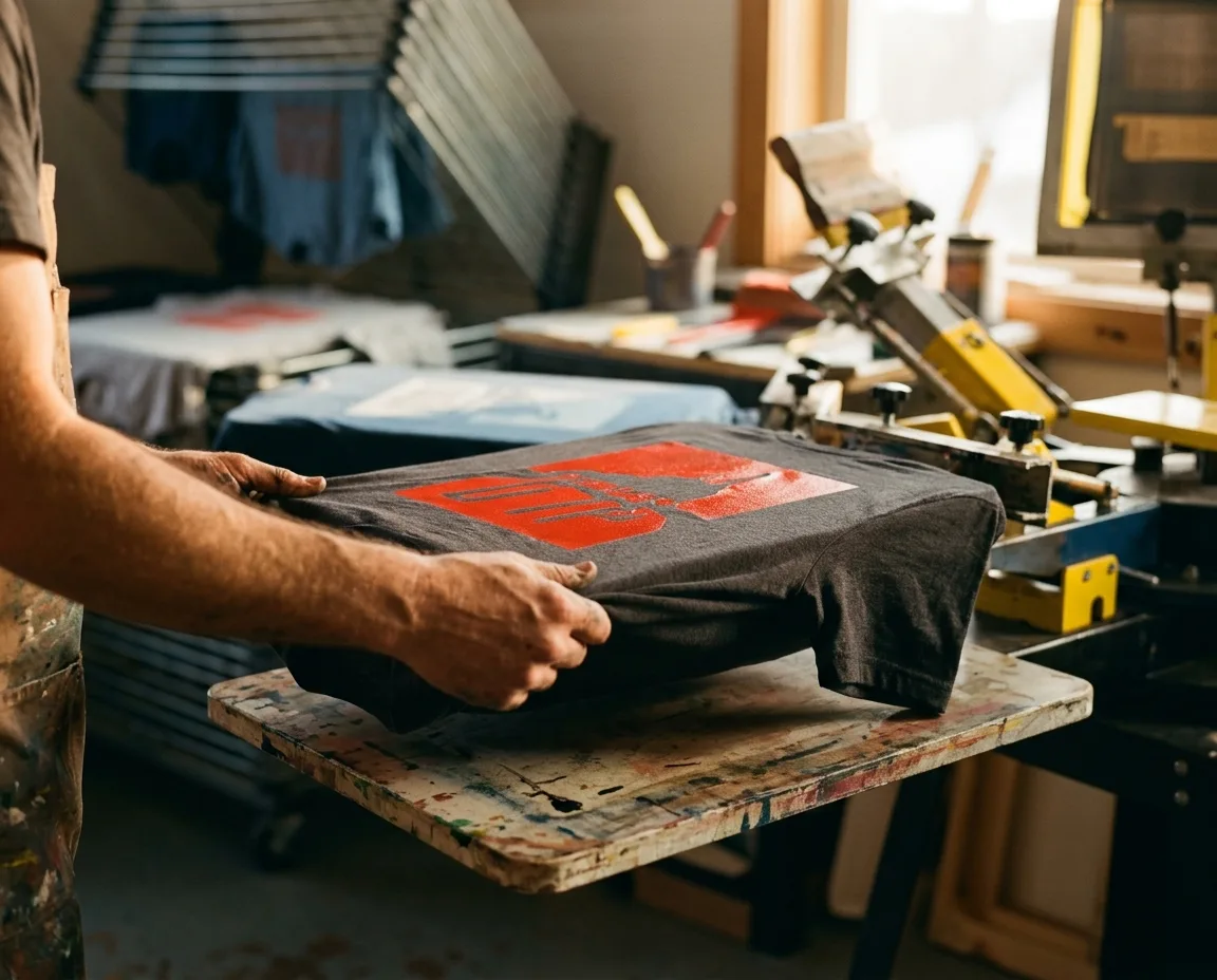 A printed shirt being lifted off the screen press, ink wet, color saturated