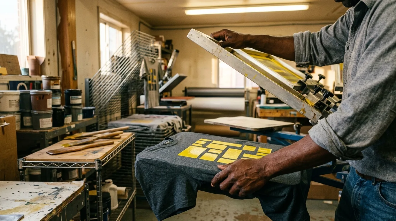 A freshly screen-printed shirt being lifted off the platen, ink wet and saturated under shop light.