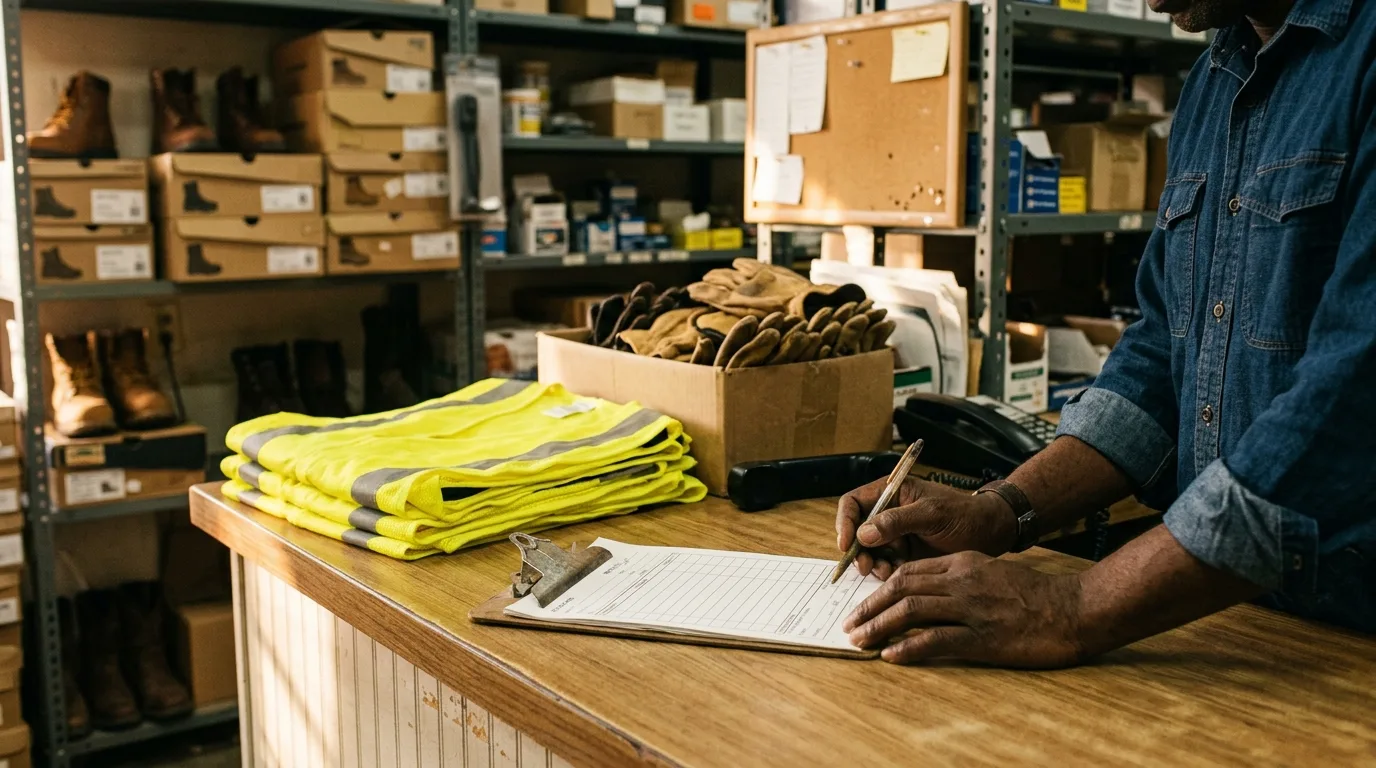 An order pad and clipboard on the shop counter beside stacks of folded hi-vis vests staged for a crew pickup.