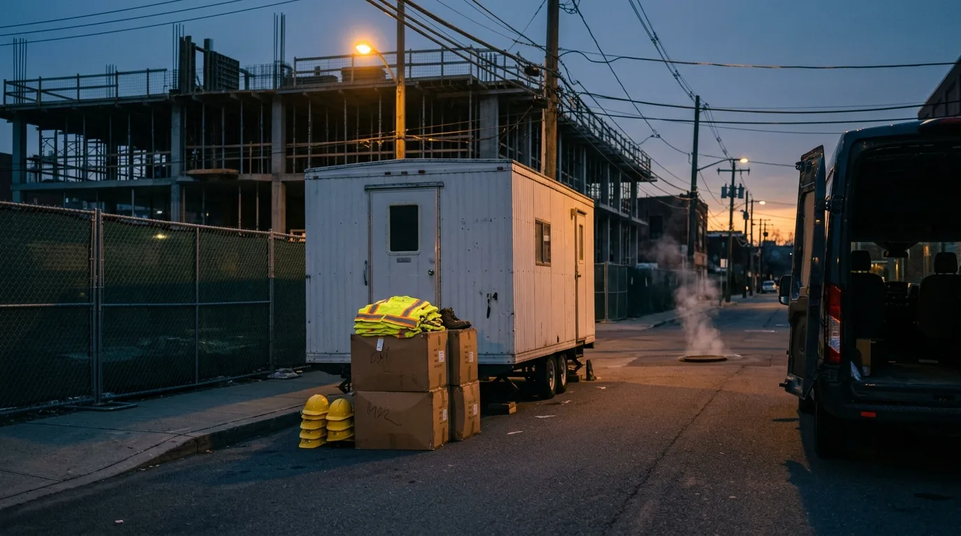A pre-dawn delivery: boxes of boots and folded vests staged at a curbside trailer before the shift starts.