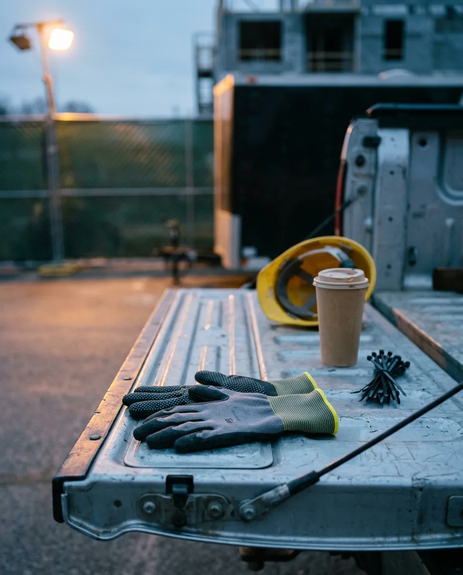 A pair of cut-resistant work gloves resting on a tailgate at dawn before a morning shift.