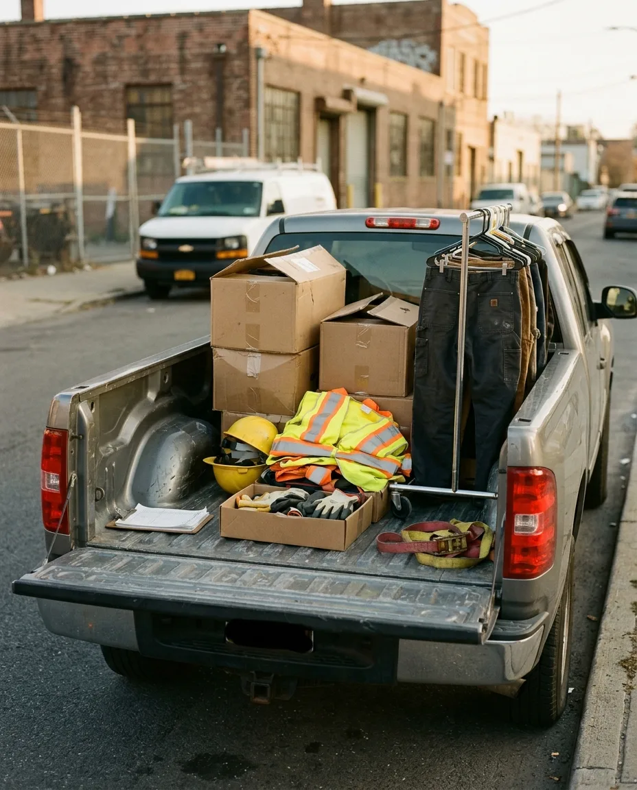 The bed of a work truck at curbside, loaded with hi-vis vests, hard hats, and stacked boot boxes.