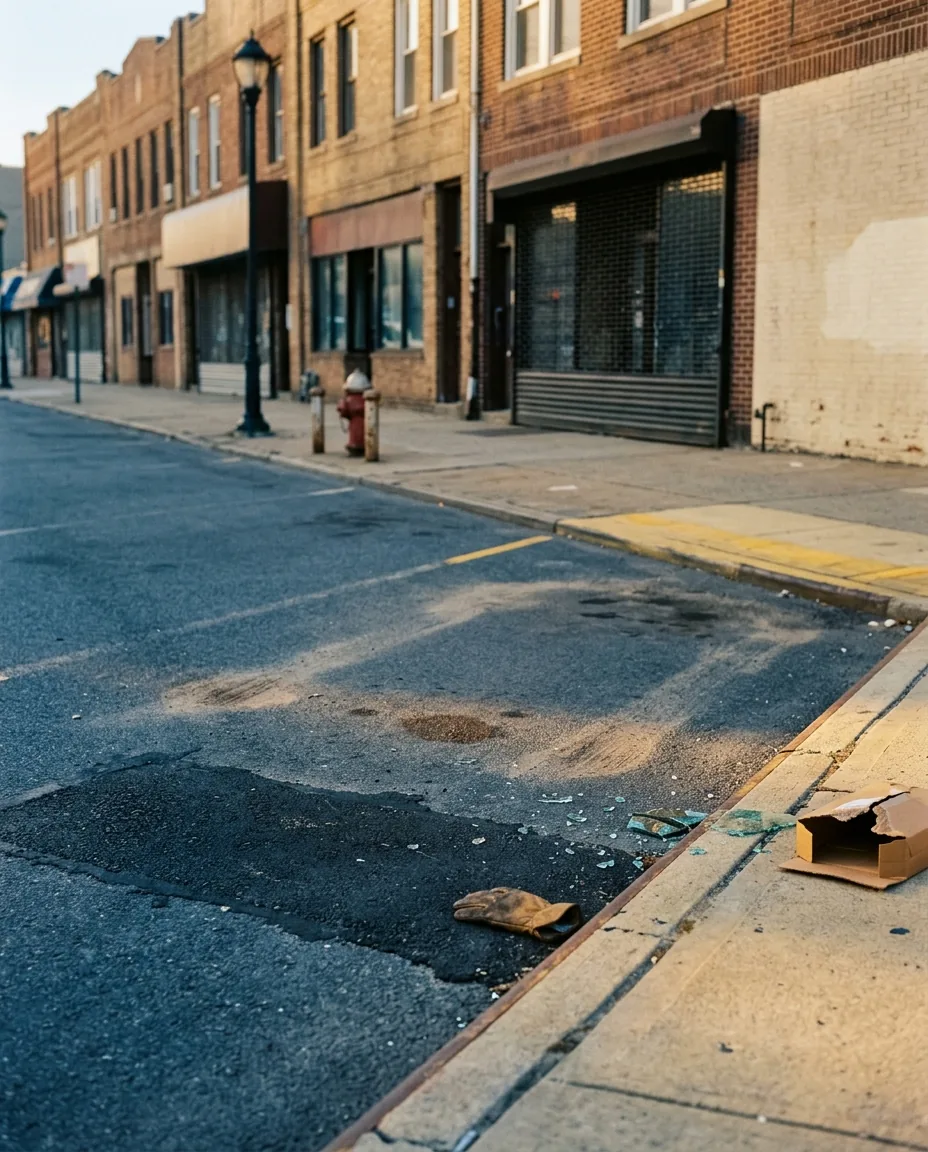 An empty curbside parking spot at dawn on a Staten Island commercial street, where the truck used to be parked before a route.