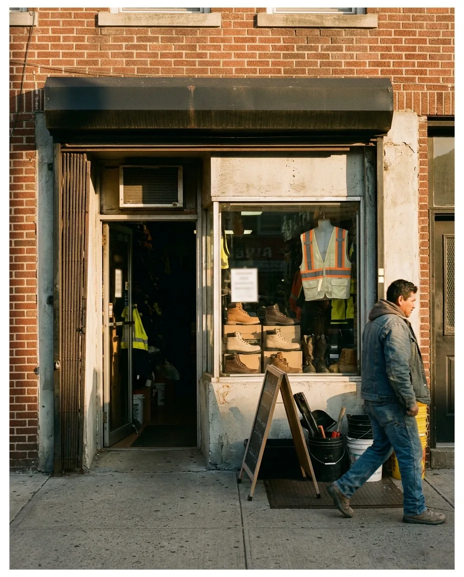 The exterior of the shop on Port Richmond Avenue, brick facade and front window catching afternoon light.