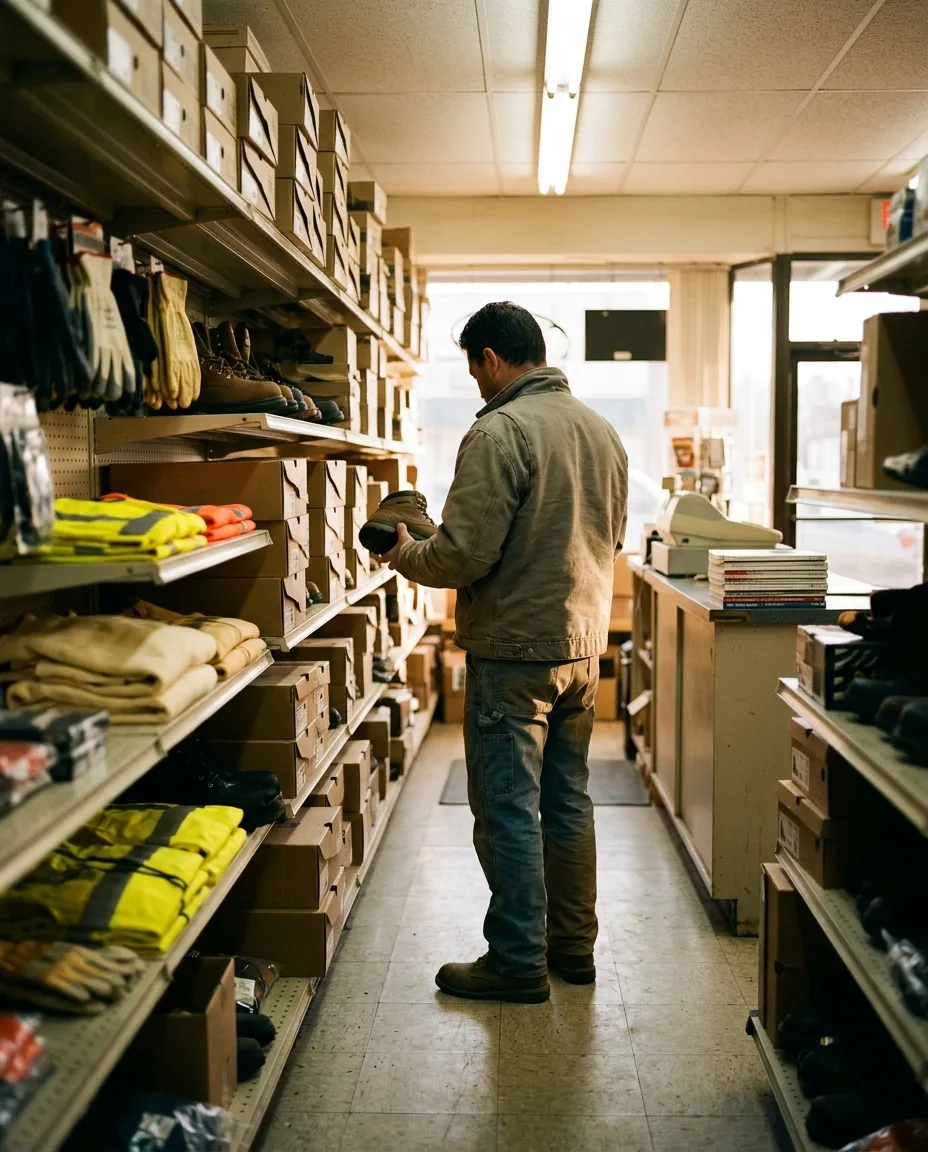 Inside the shop on a weekday afternoon, shelving stocked with boots and a customer browsing the hi-vis rack.
