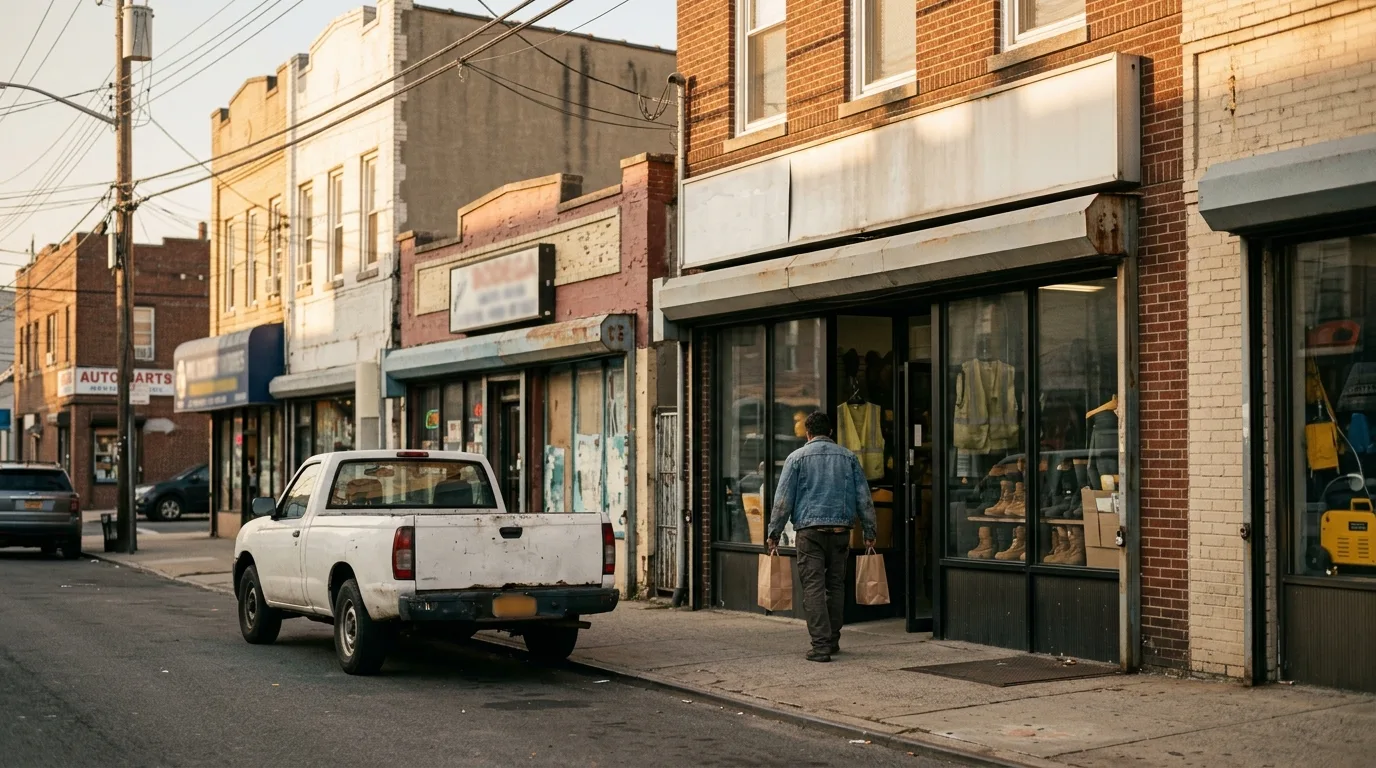 The shop on Port Richmond Avenue at late-afternoon, sunlight catching the front window and the boots in the display.